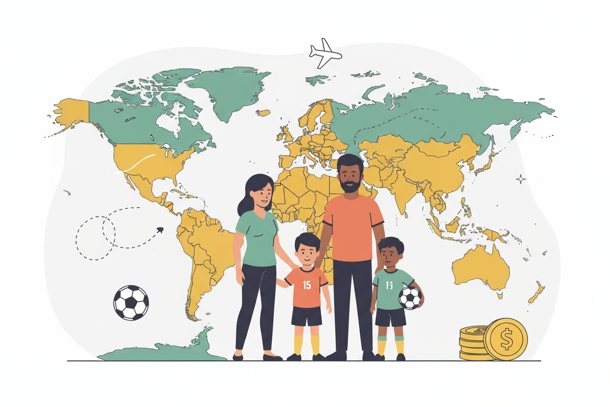 海外サッカー留学の費用イメージ 家族と世界地図 Piece
